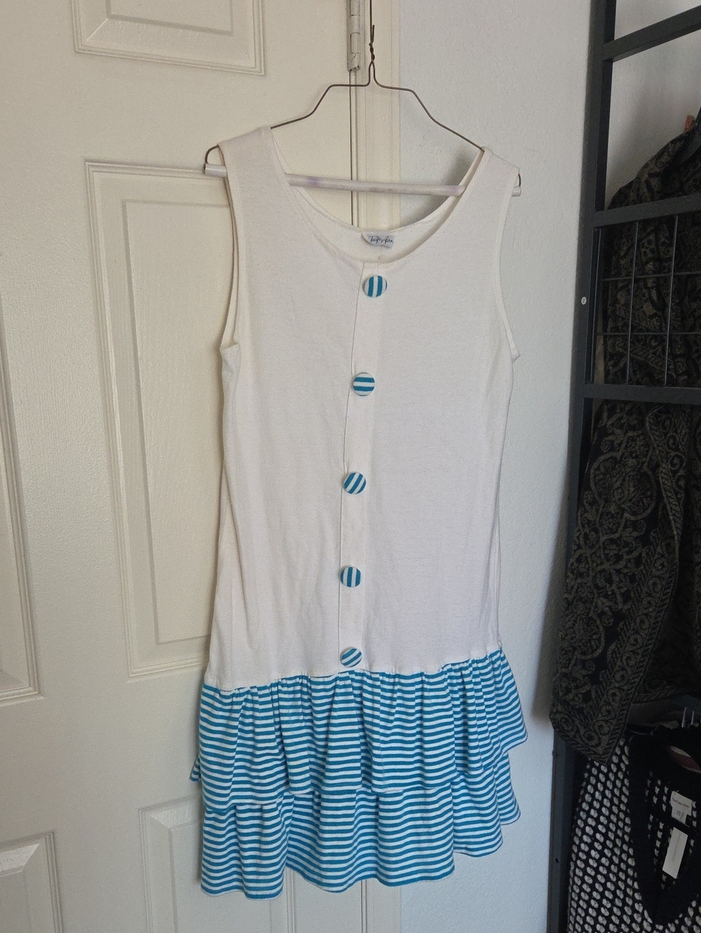 Pacific Aura Sleeveless White & Teal Striped Coastal Nautical Midi Dress Medium